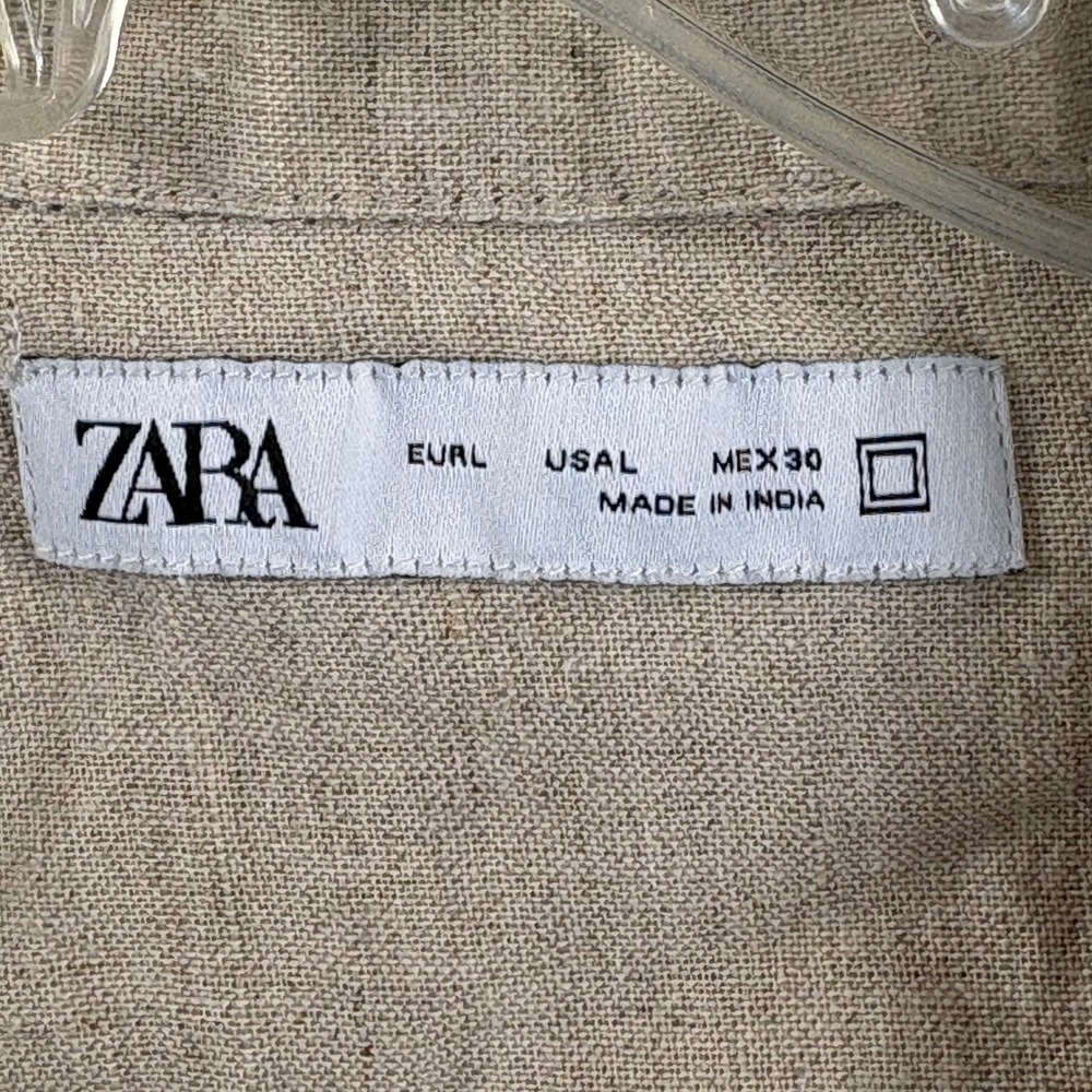 Zara Mens Large Linen Blend‎ Embroidered Leaf Camp Collar Short Sleeve Beige - Picture 4 of 6